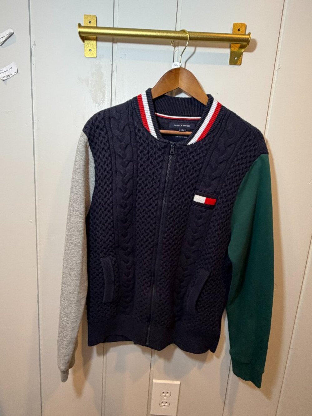 Tommy Hilfiger Men's Cable Knit Zip-Up Bomber Jacket Colorblock Navy Gray Green